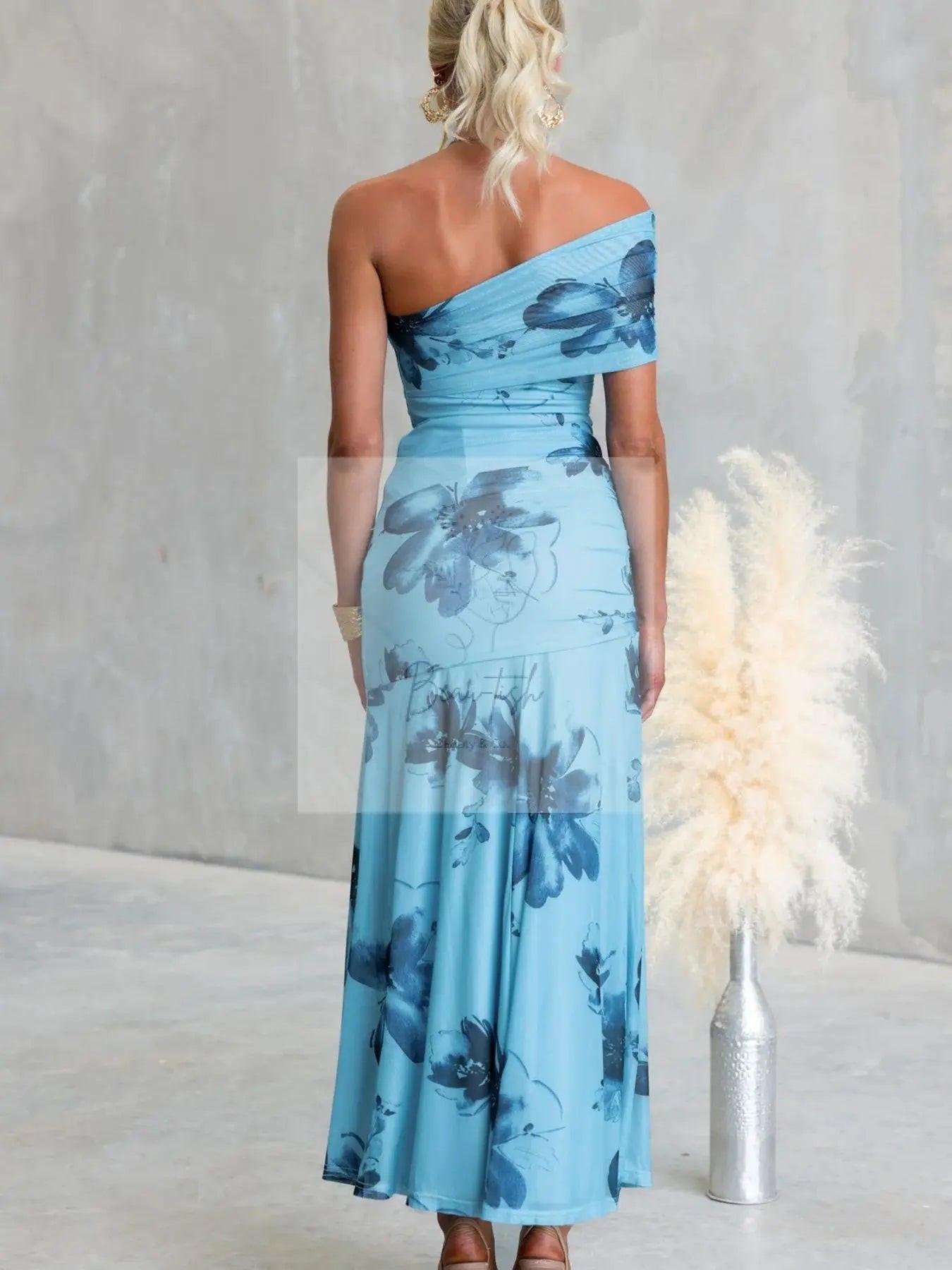 Floral Print One-Shoulder Ruched Maxi Dress