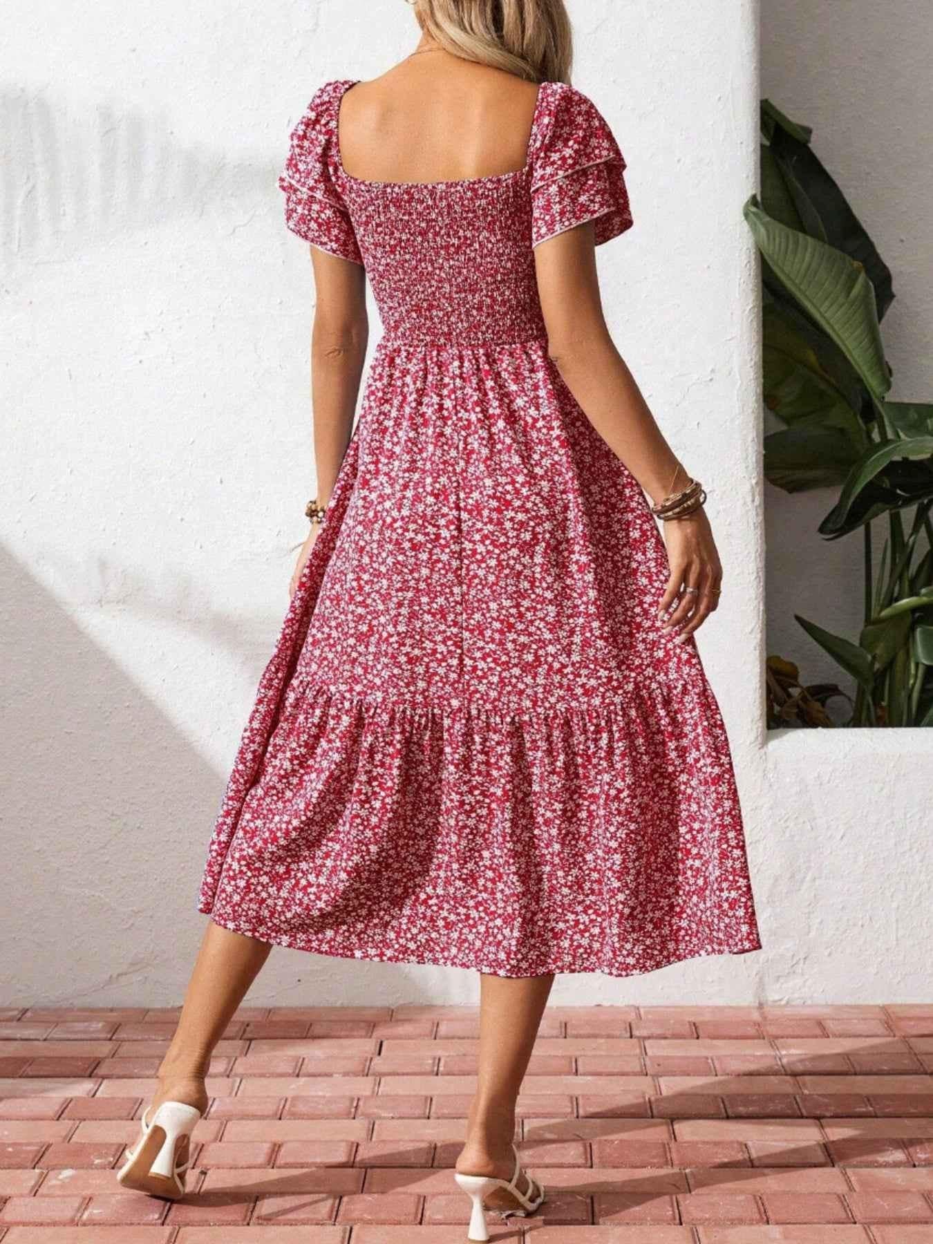 Floral Print Smocked Ruffle Sleeves Dress