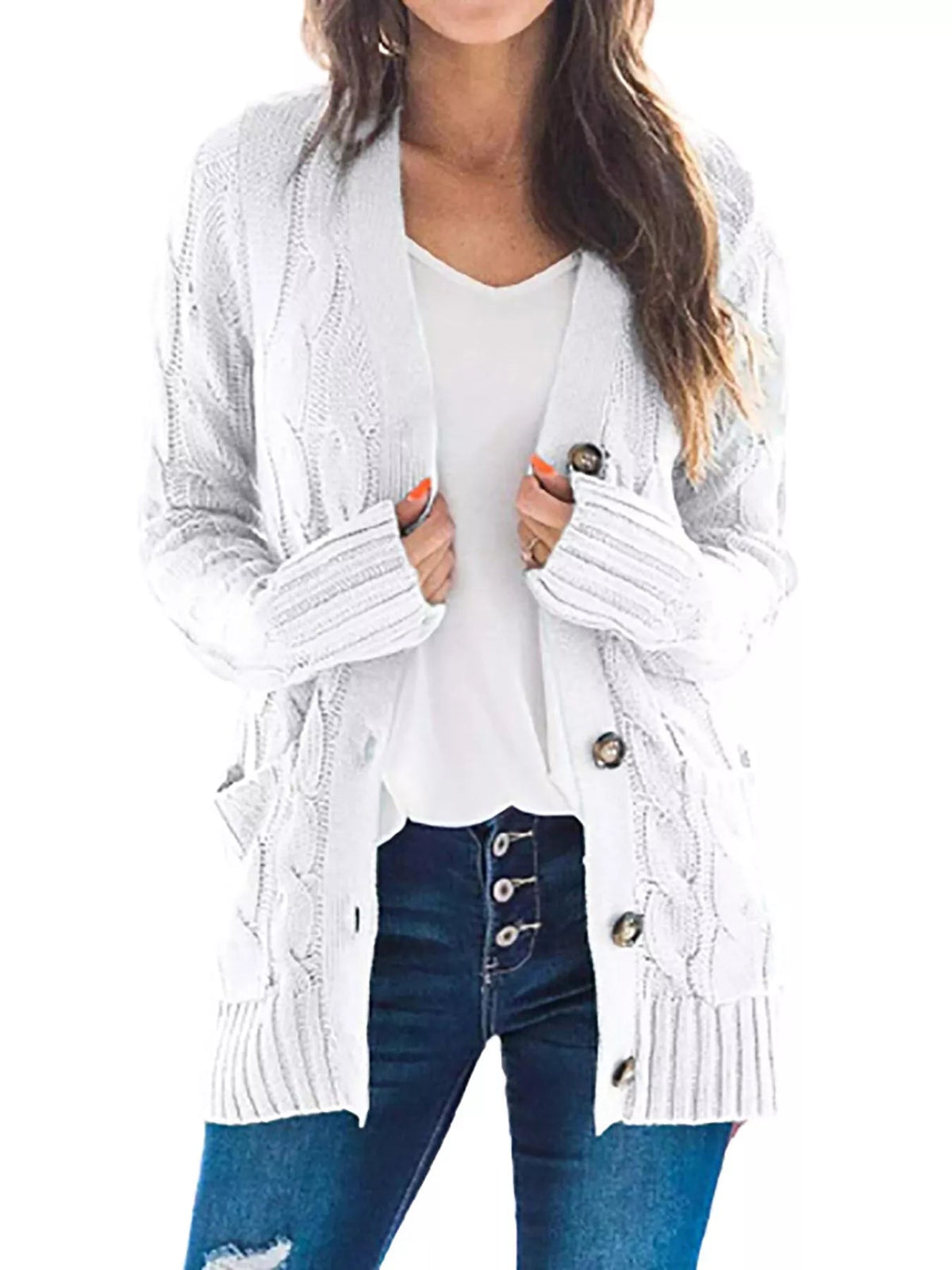 Full Size Chunky Cable Knit Button-Down Cardigan Plus Size