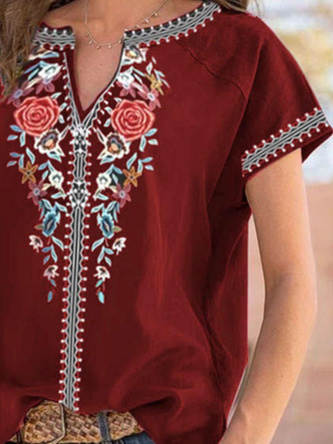 Full Size Floral Notched Short Sleeve Blouse Plus Size