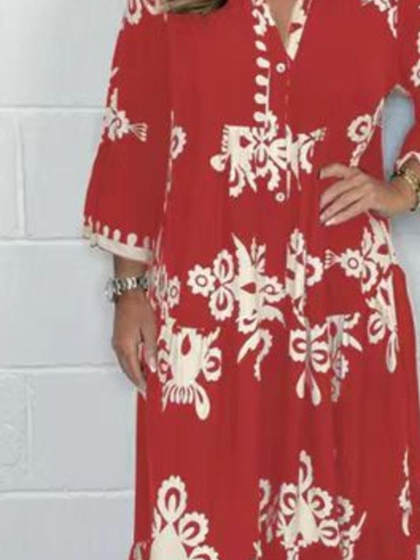 Full Size Printed Notched 3/4 Sleeve Midi Dress Plus Size