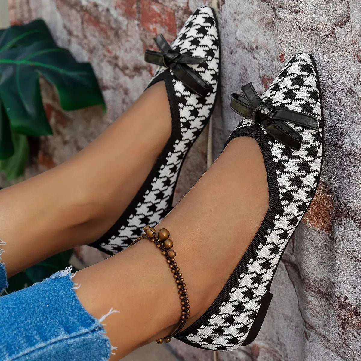 Houndstooth Point Toe Flats Slip - Ons