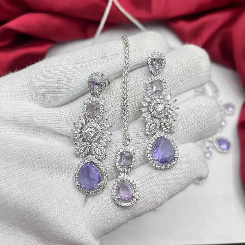 Lavender CZ Bridal Jewelry Set Silver Tone