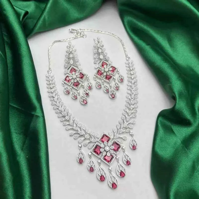 Ruby Diamond Bridal Jewelry Set Silver CZ Choker Necklace Chandelier Earrings
