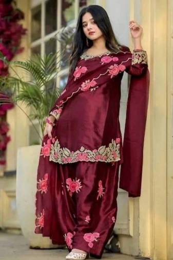 Women's Black Embroidered Japan Satin Farshi Salwar Suit Set