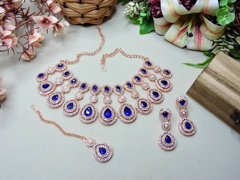Jewel Studio Rose Gold Plated Teardrop Necklace Set Blue