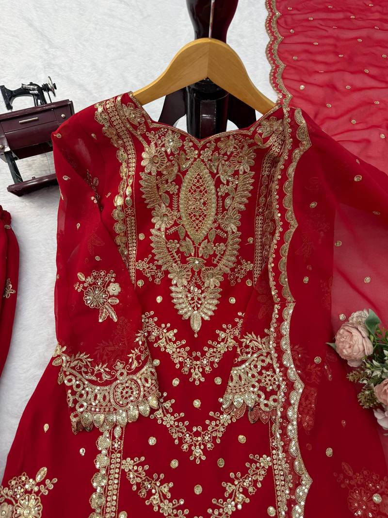 Women's Red Faux Georgette Embroidered Sharara Suit Set with Dupatta