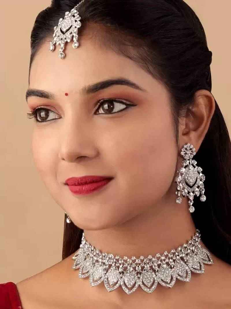 Sudiksha Jewellery Austrian Diamond Necklace Set Silver