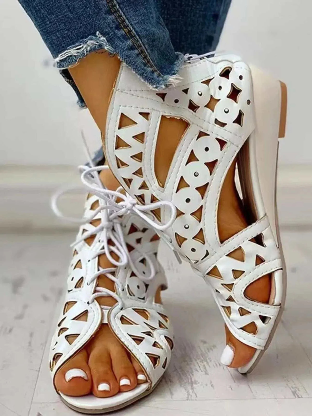 Lace-Up Geometric Cutout Sandals