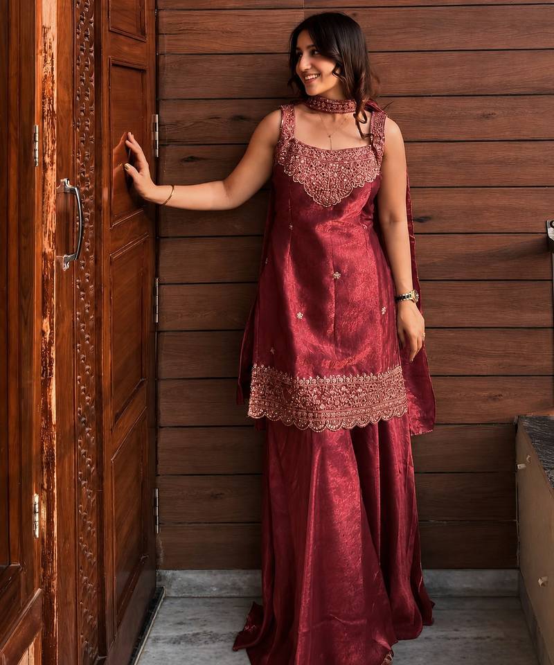 Maroon Sharara Set with Choker Dupatta