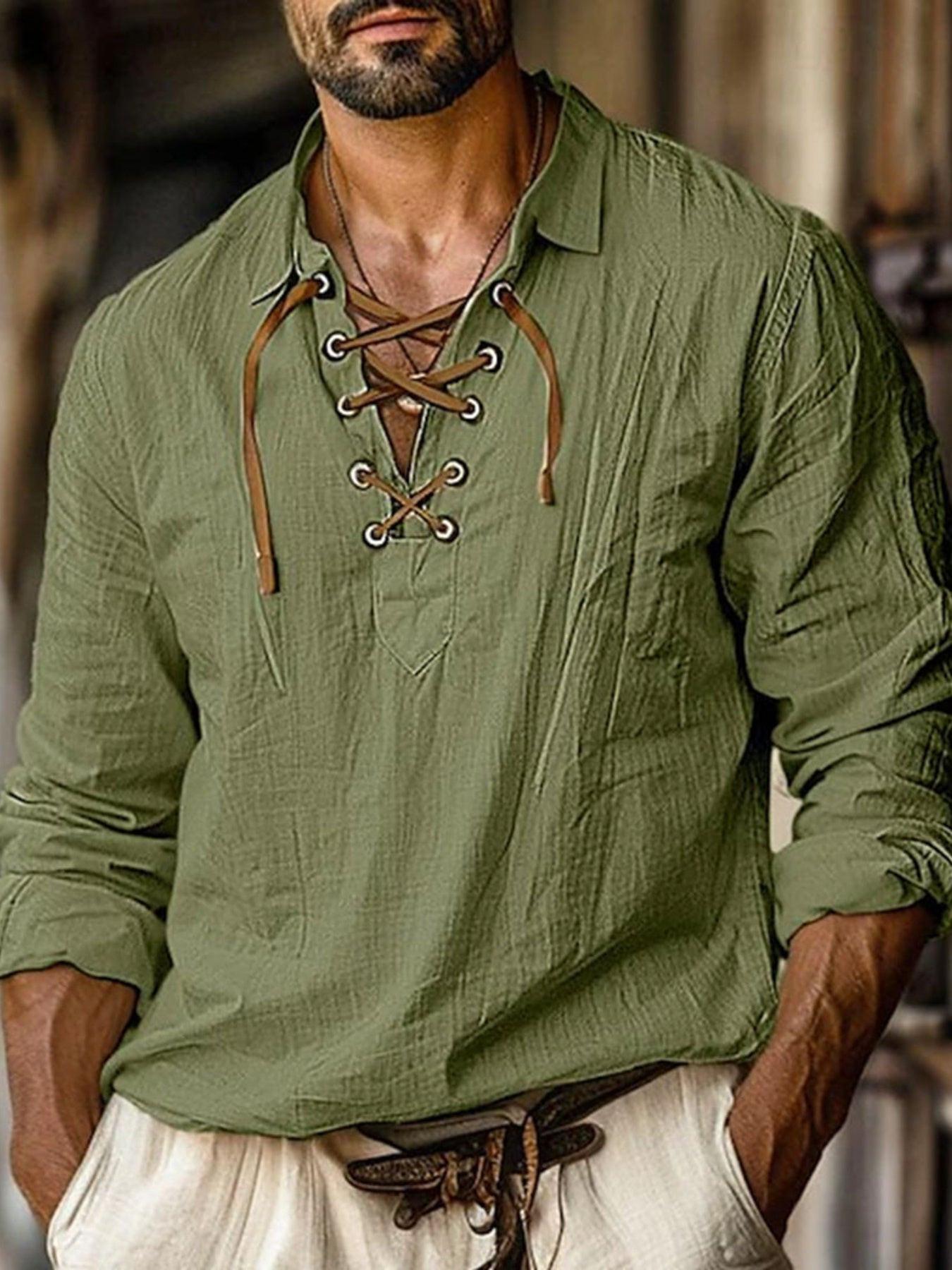 Men's Full Size Vintage Lace-Up Long Sleeve Blouse Plus Size