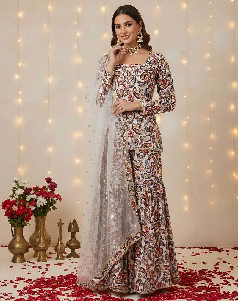 Off White Floral Cotton Kurta & Trouser Set