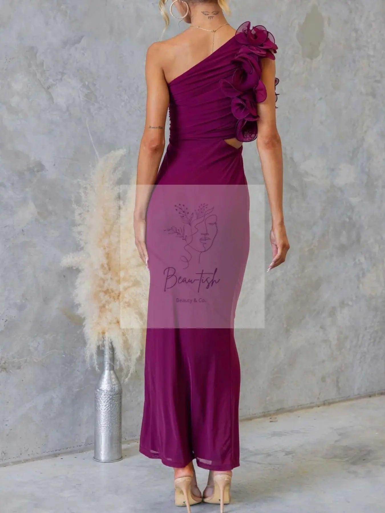 One-Shoulder Floral Trim Sleeveless Maxi Dress