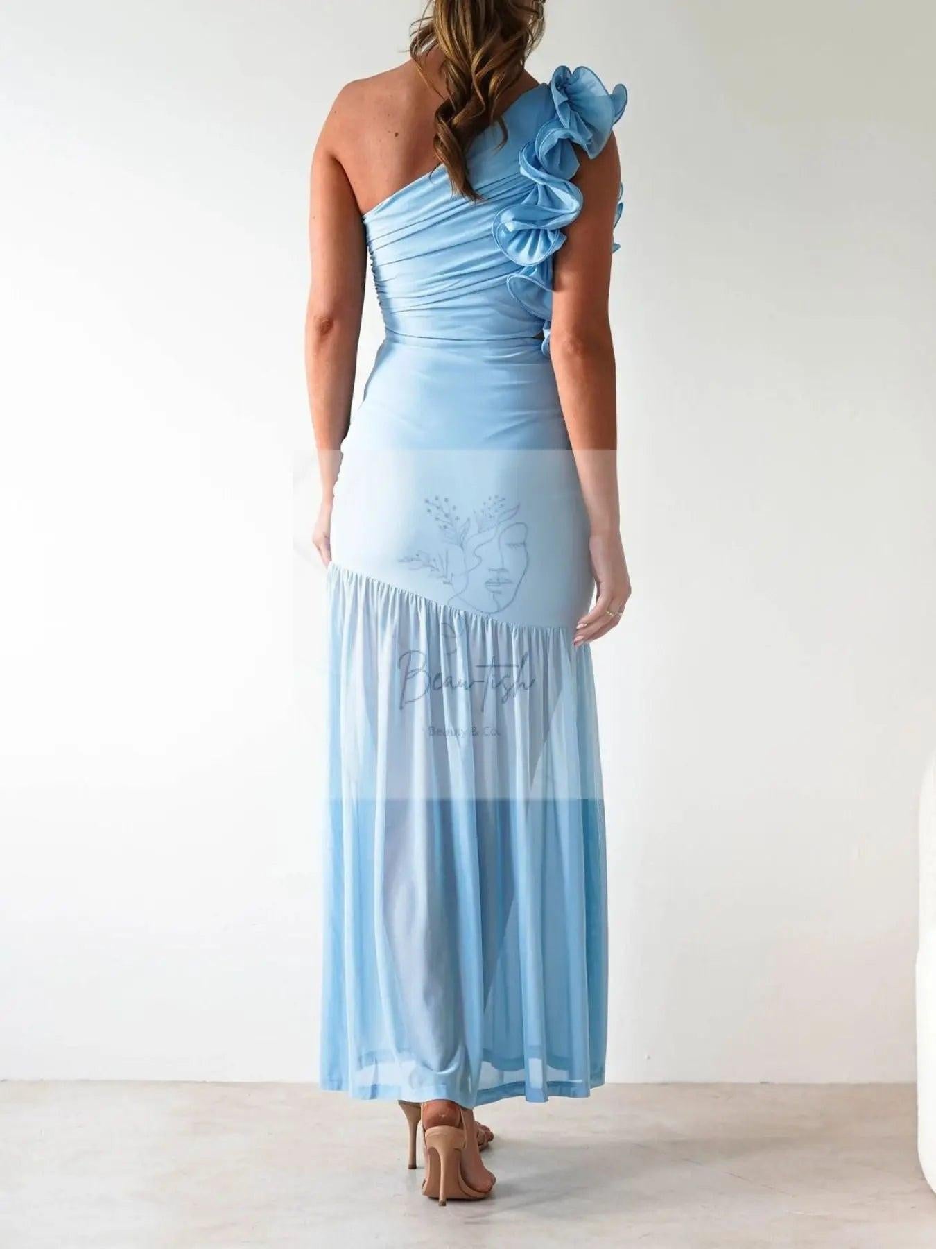 One-Shoulder Ruffle Trim Maxi Dress