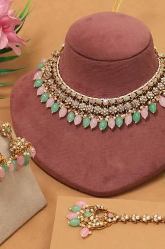 Pista Green Pink Meena Work Kundan Necklace Set Bridal Jewellery