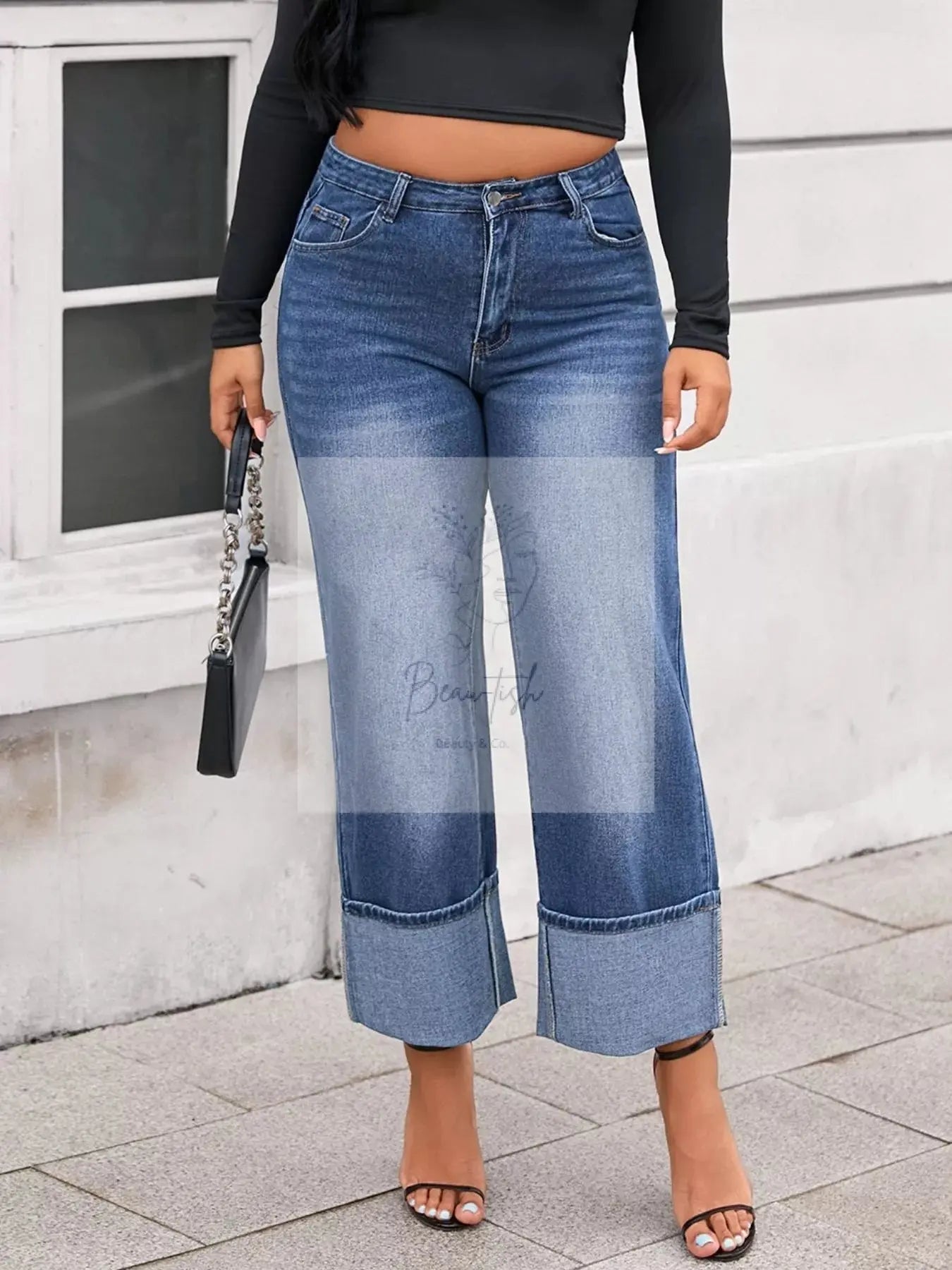Plus Size High Waist Cuffed Wide Leg Jeans