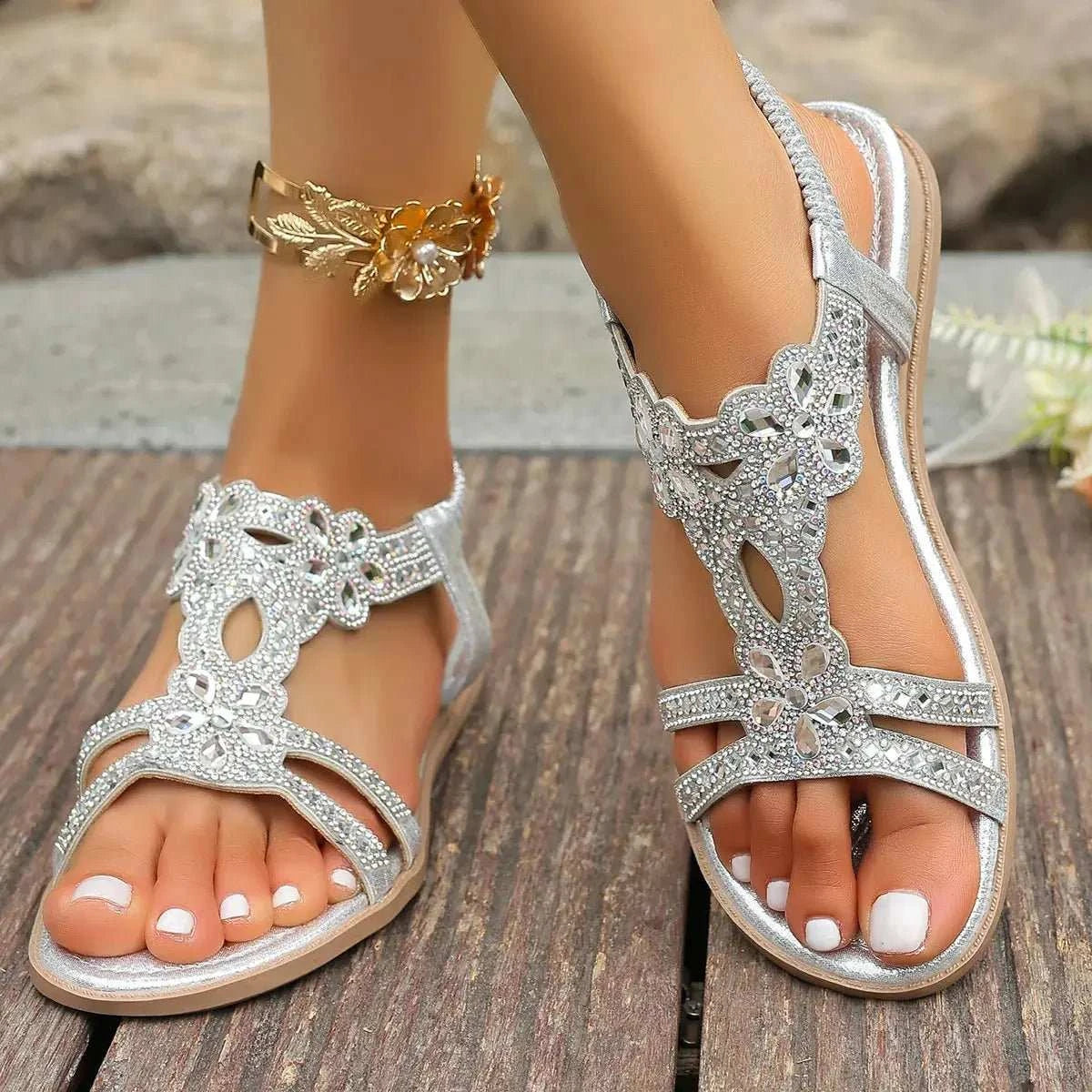 Rhinestone Embellished Flower Flat Sandals