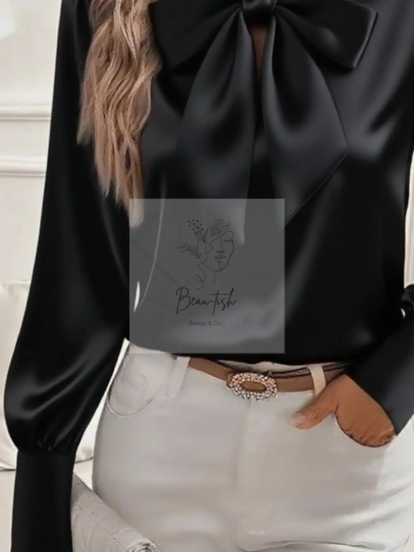 Satin Bow Tie Long Sleeve Top
