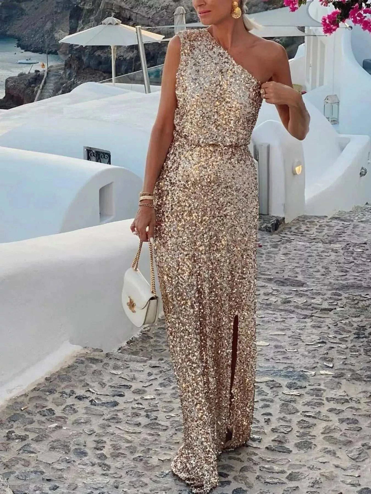Sequin One-Shoulder Slit Maxi Dress