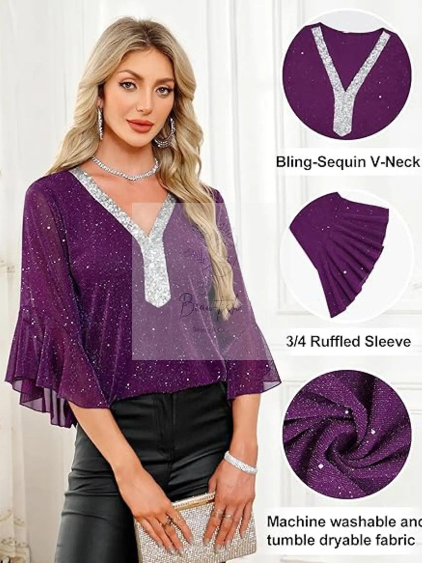 Sequin V-Neck Flounce Sleeve Blouse