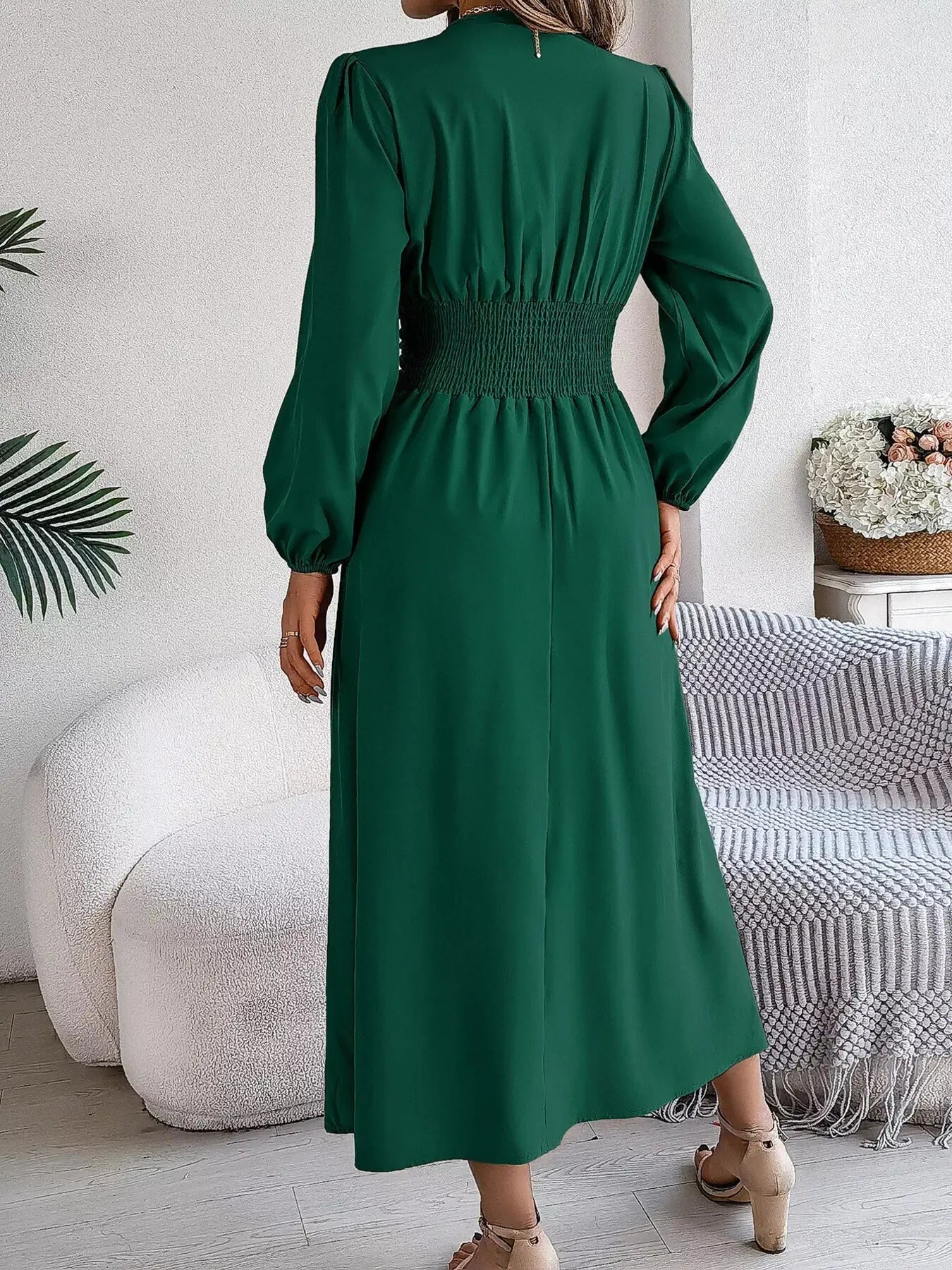 Slit Balloon Sleeve Midi Dress