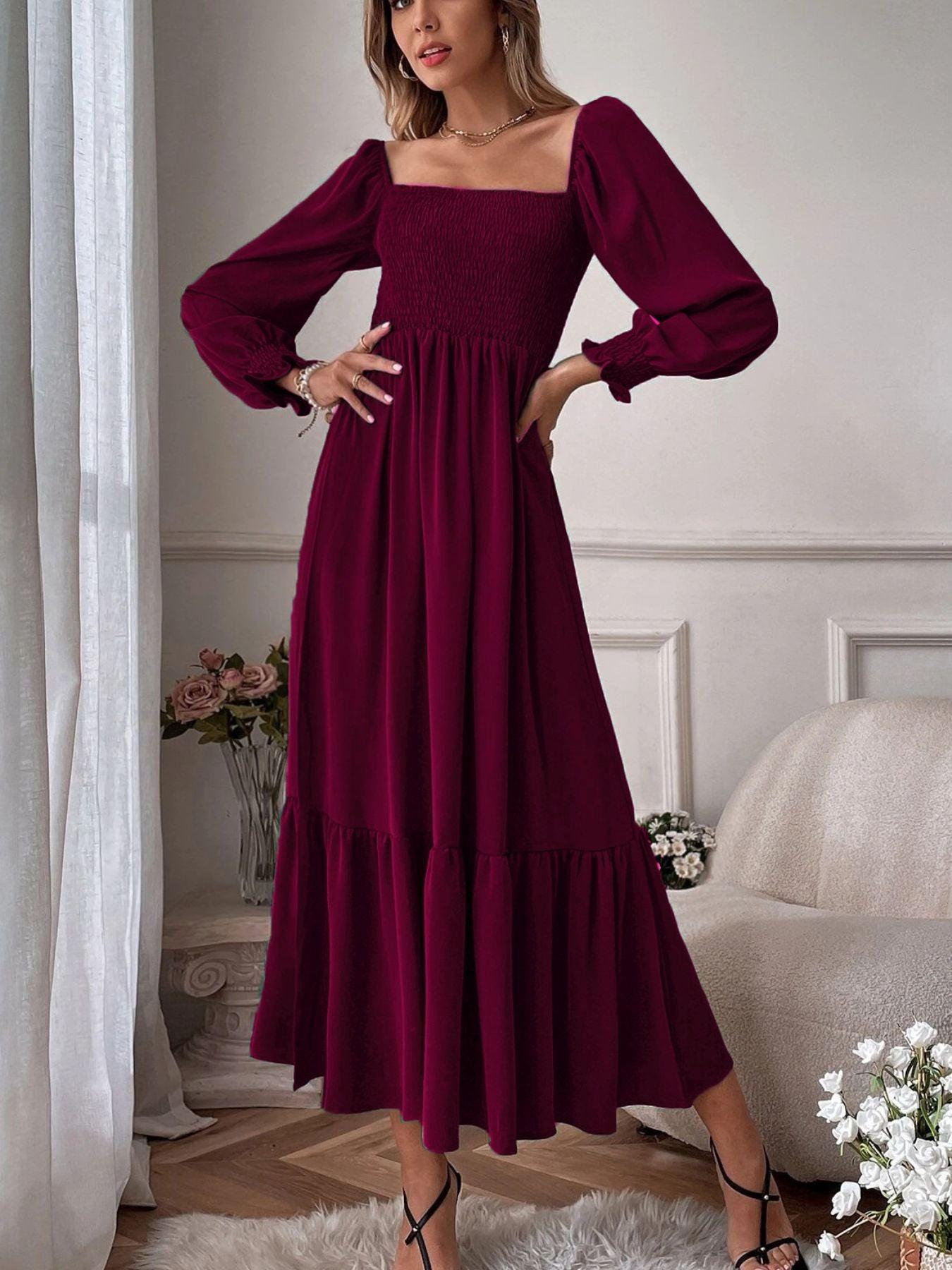 Smocked Long Sleeve Midi Dress