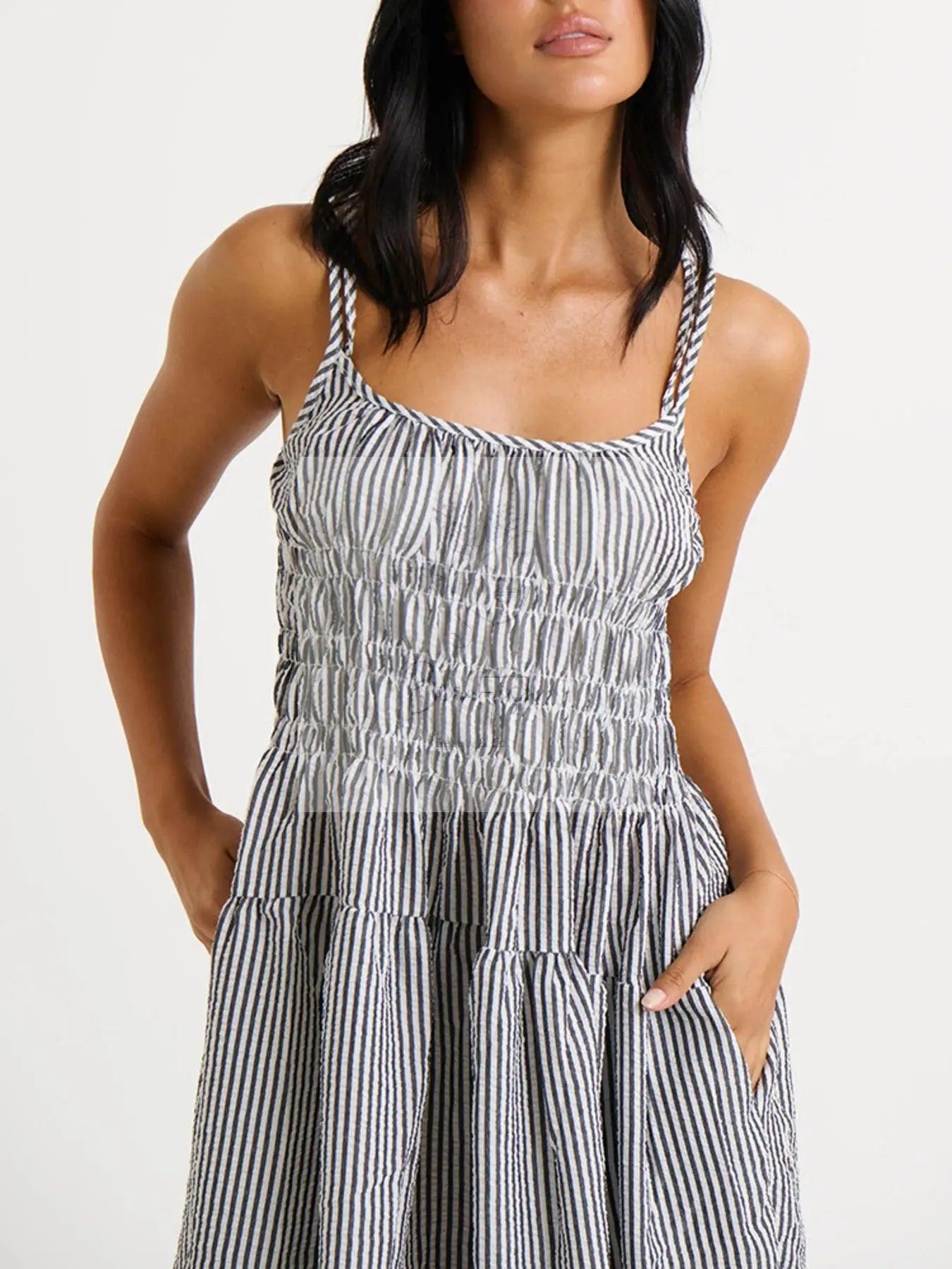 Striped Smocked Bodice Midi Dress
