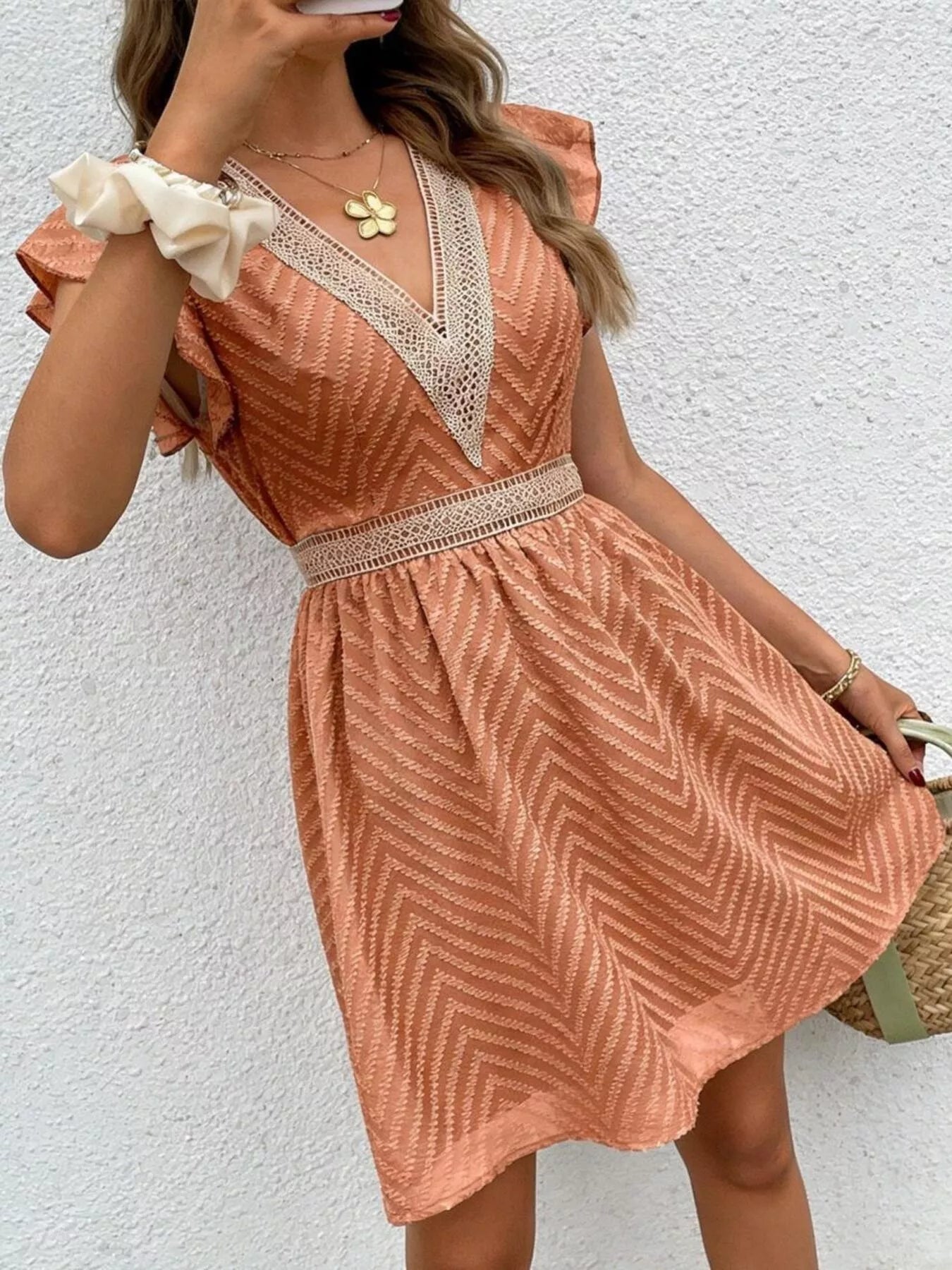 Ruffle Sleeve V-Neck Dress