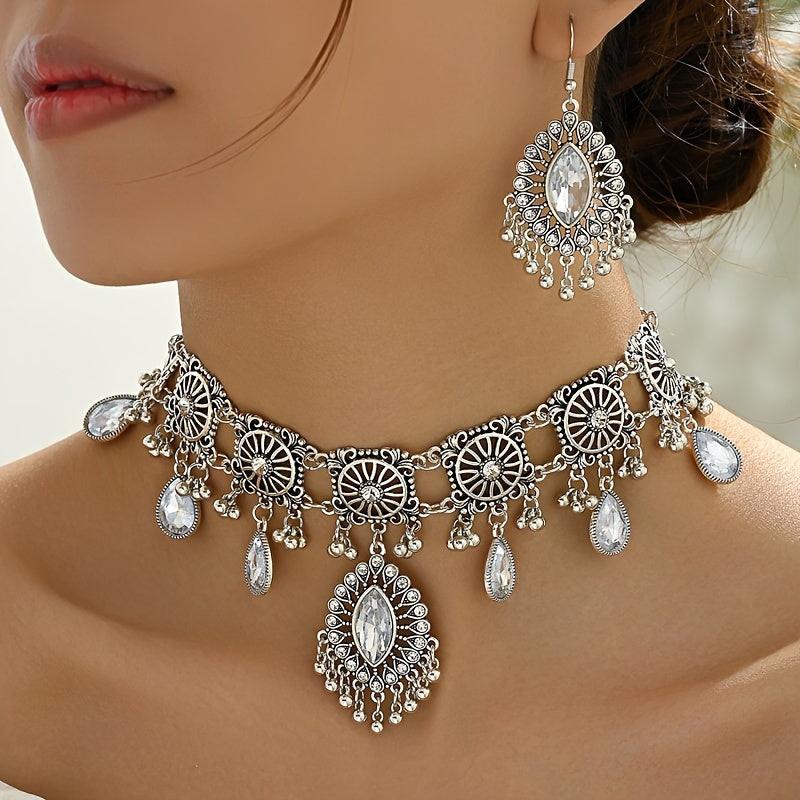 Vintage Hollow Drop Tassel Jewelry Set - Exaggerated Necklace & Earrings - Middle Eastern Ethnic Style