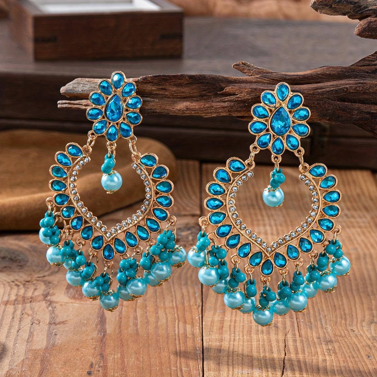Women's Vintage Elegant Heart-Shaped Dangle Earrings, Large Beads & Golden-Tone Accents, Long Wedding Jewelry