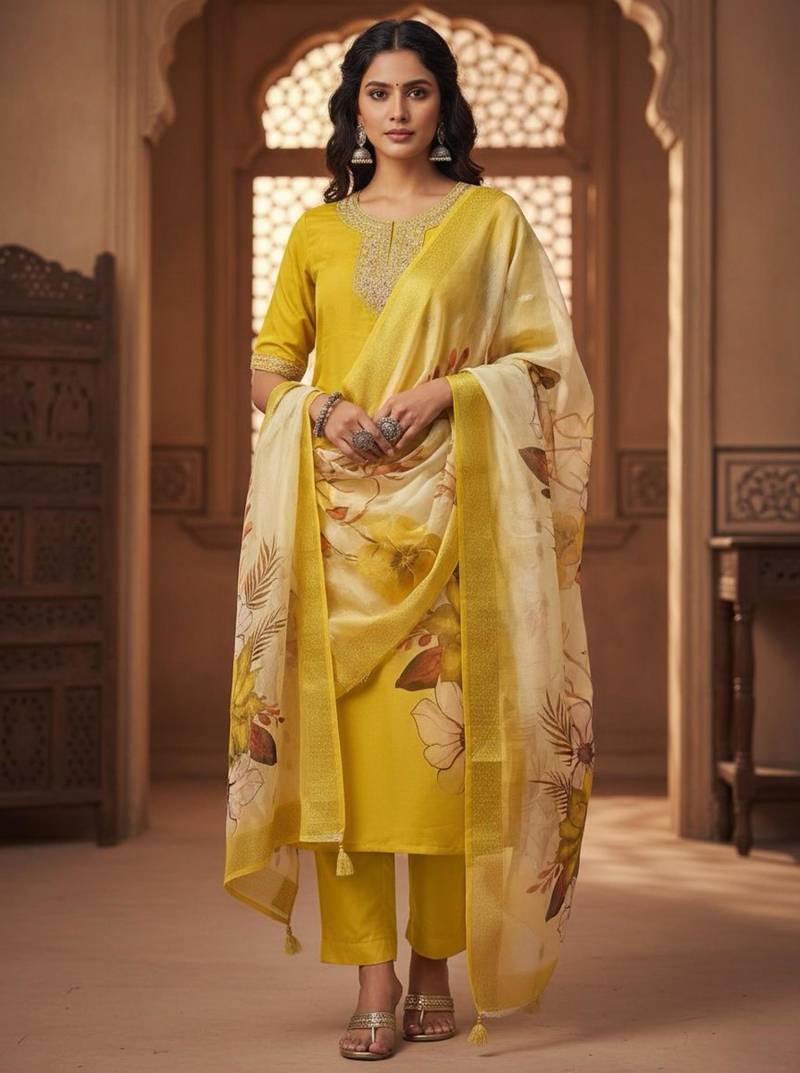 Yellow Sequin Embroidered Trouser Suit