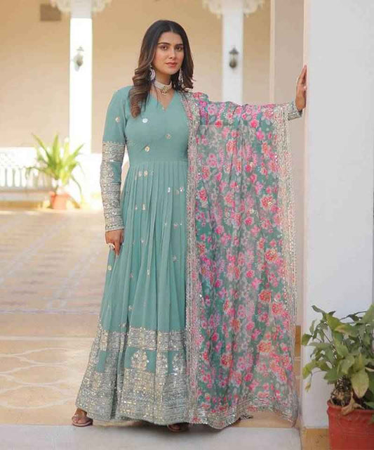 Sea Green Georgette Embroidered Long Kurti Set Multicolour Dupatta