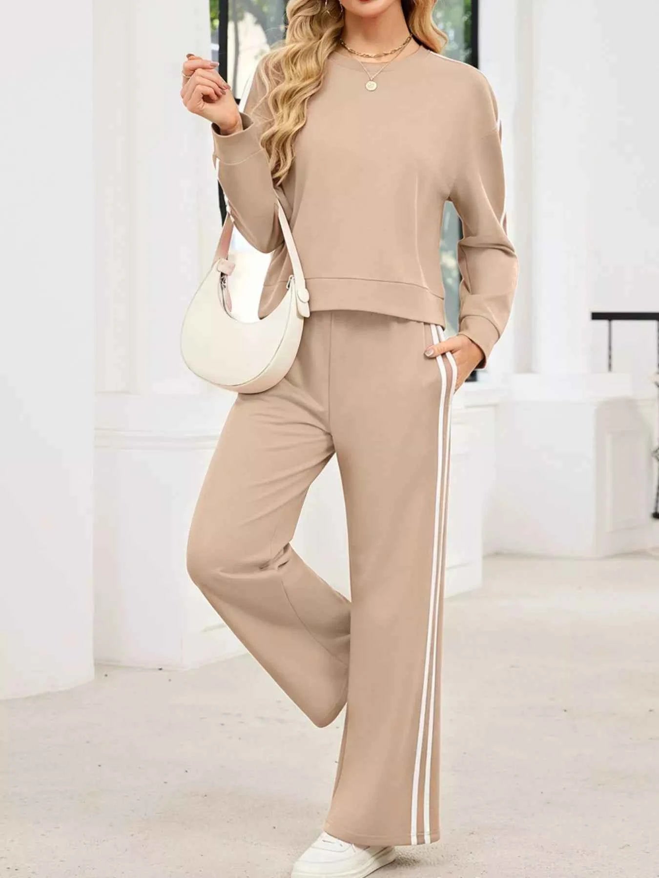 Striped Round Neck Sweatshirt and Pants Set