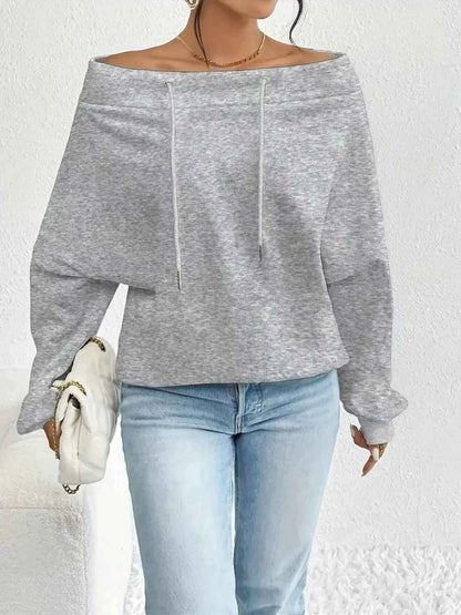 Off-Shoulder Drawstring Sweatshirt
