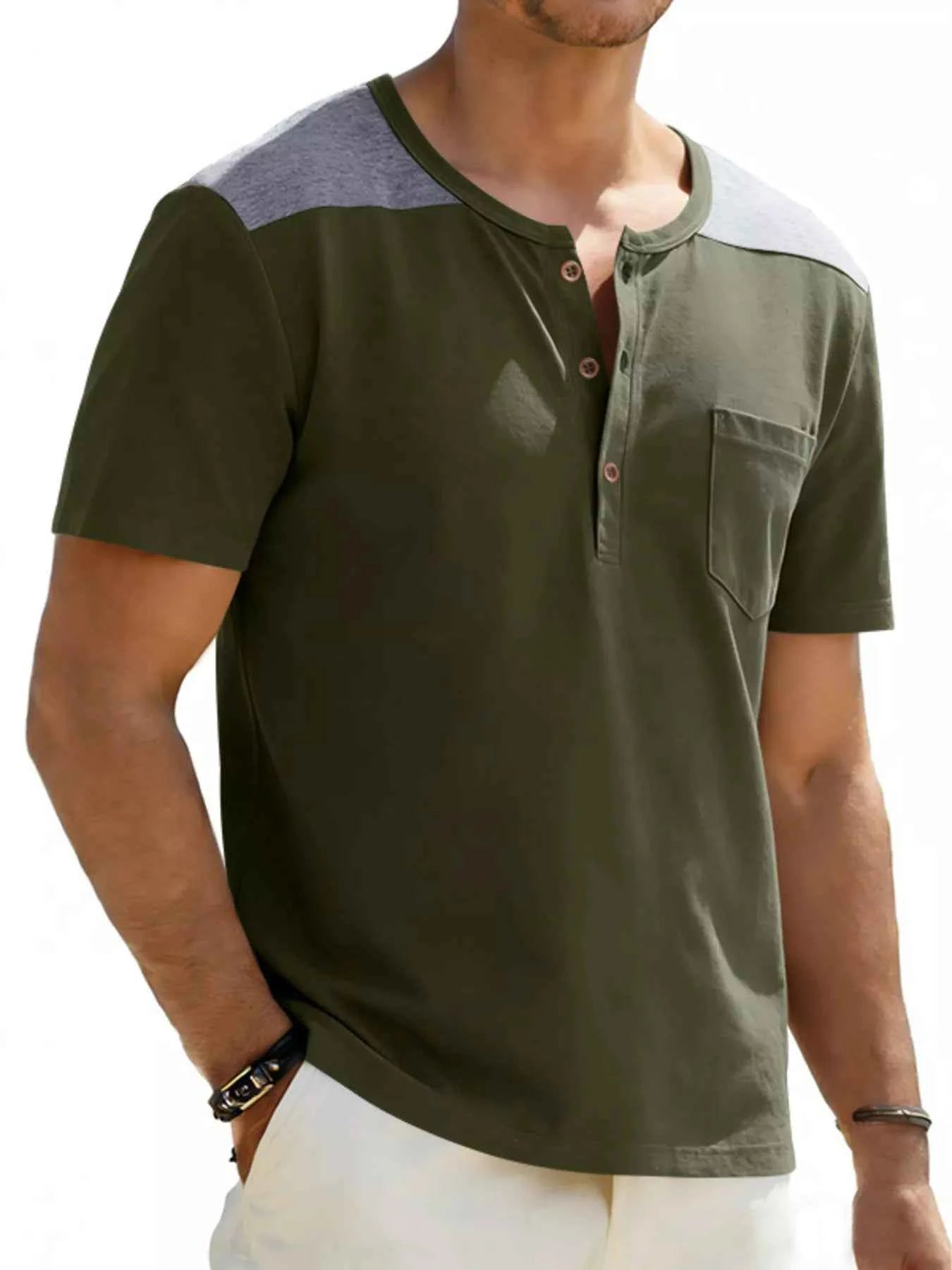 Men's Full Size Casual Henley T-Shirt with Pocket Plus Size