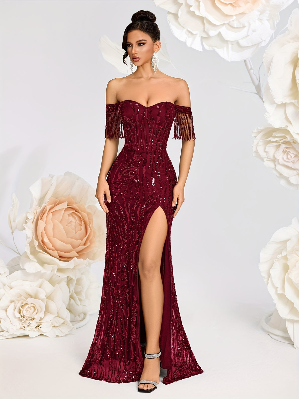Off-Shoulder Beaded Evening Gown with Tassel Detail