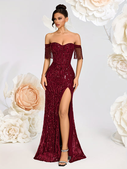 Off-Shoulder Beaded Evening Gown with Tassel Detail
