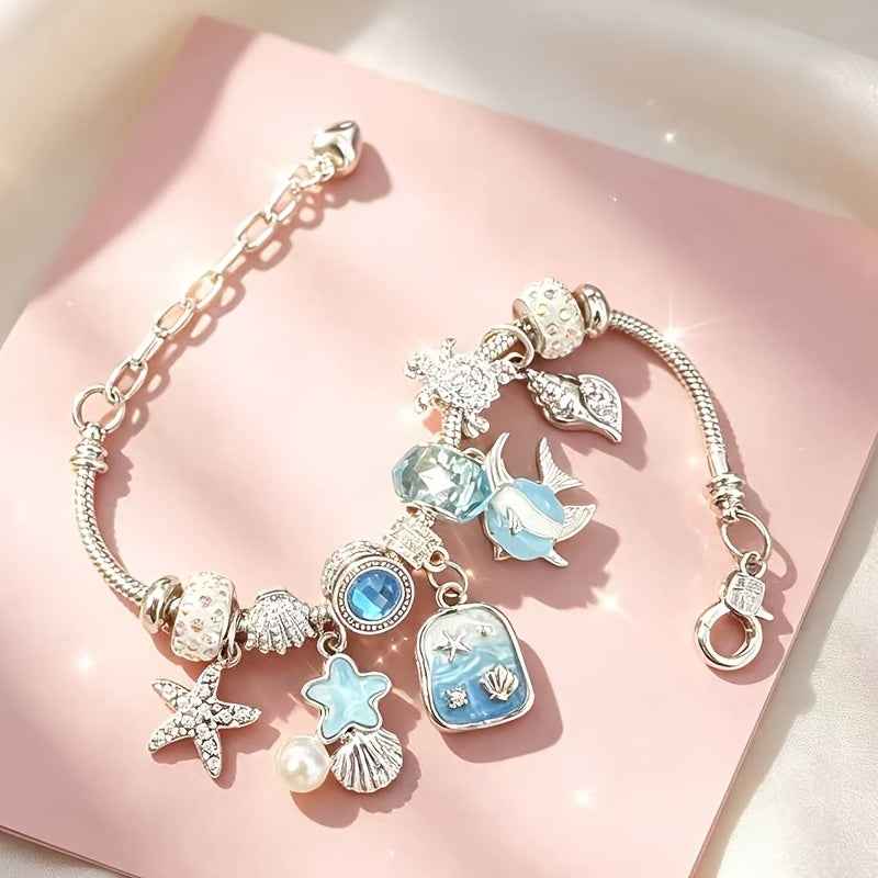 Silvery Tone Women's Adjustable Charm Bracelet, Snake Chain Bangle with Blue Beads, Starfish, Turtle, Fish And Shell Pendants