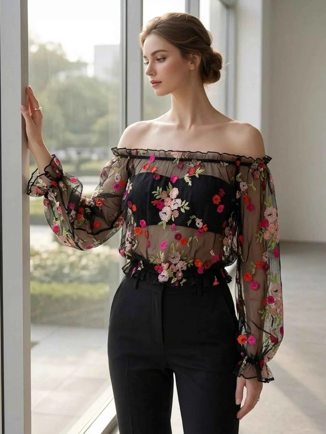 Floral Embroidered Mesh Off-Shoulder Top