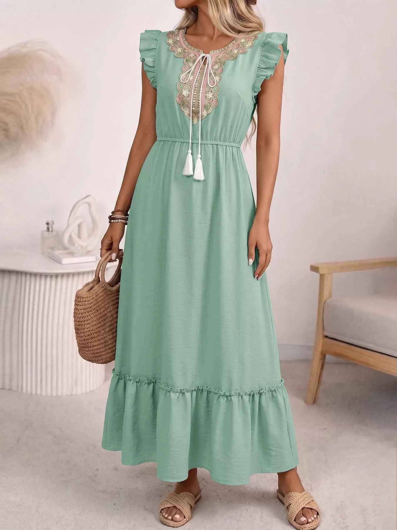 Tie Neck Ruffle Sleeve Maxi Dress