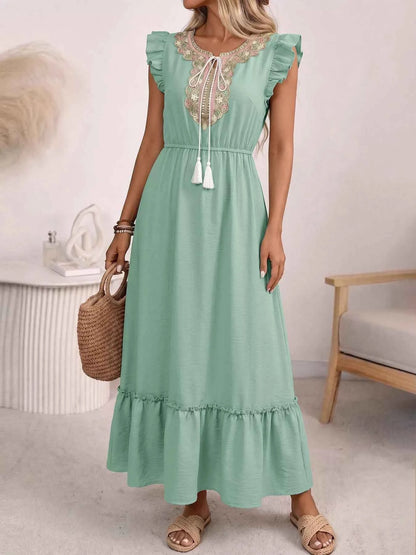 Tie Neck Ruffle Sleeve Maxi Dress