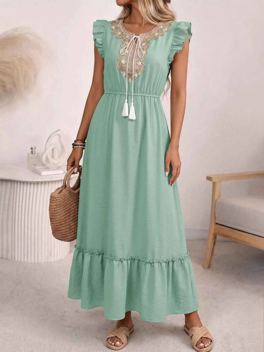 Tie Neck Ruffle Sleeve Maxi Dress