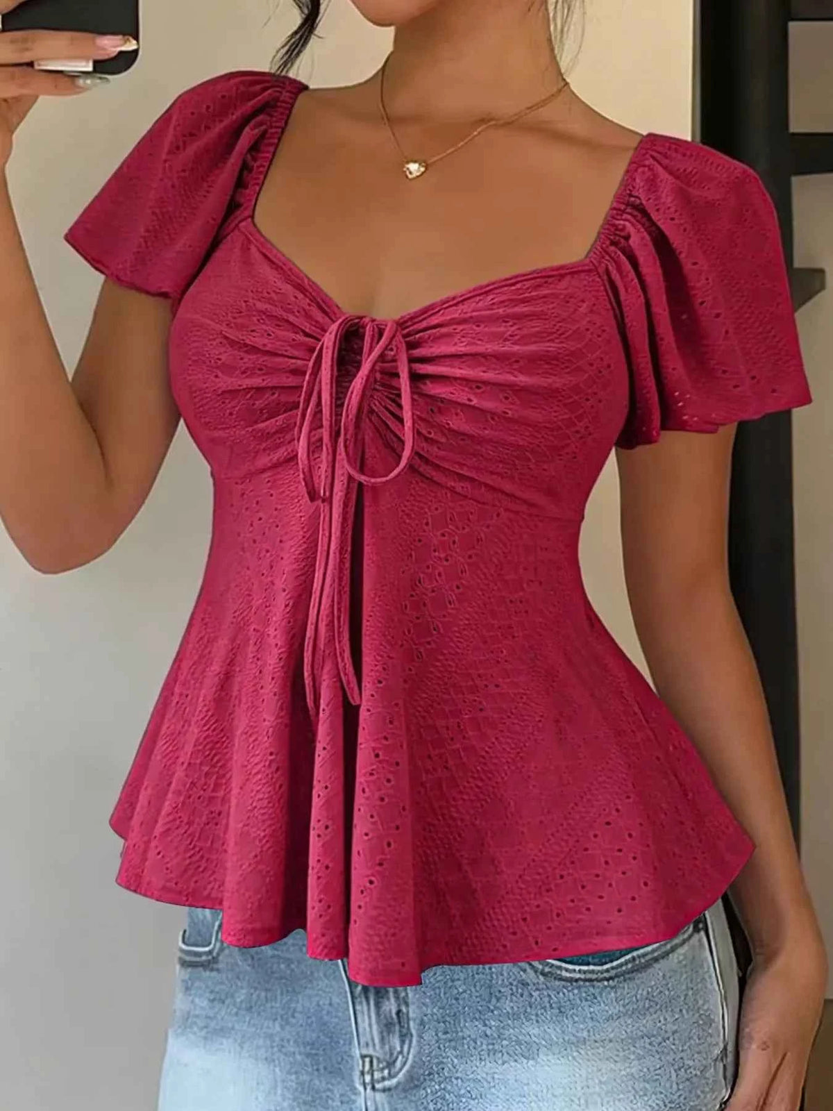 Sweetheart Neck Flutter Sleeve Top