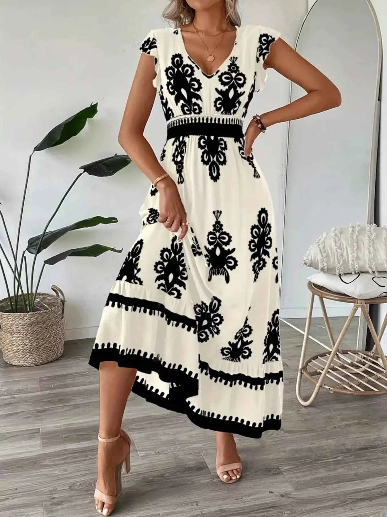 Ruffled Printed V-Neck Maxi Dress