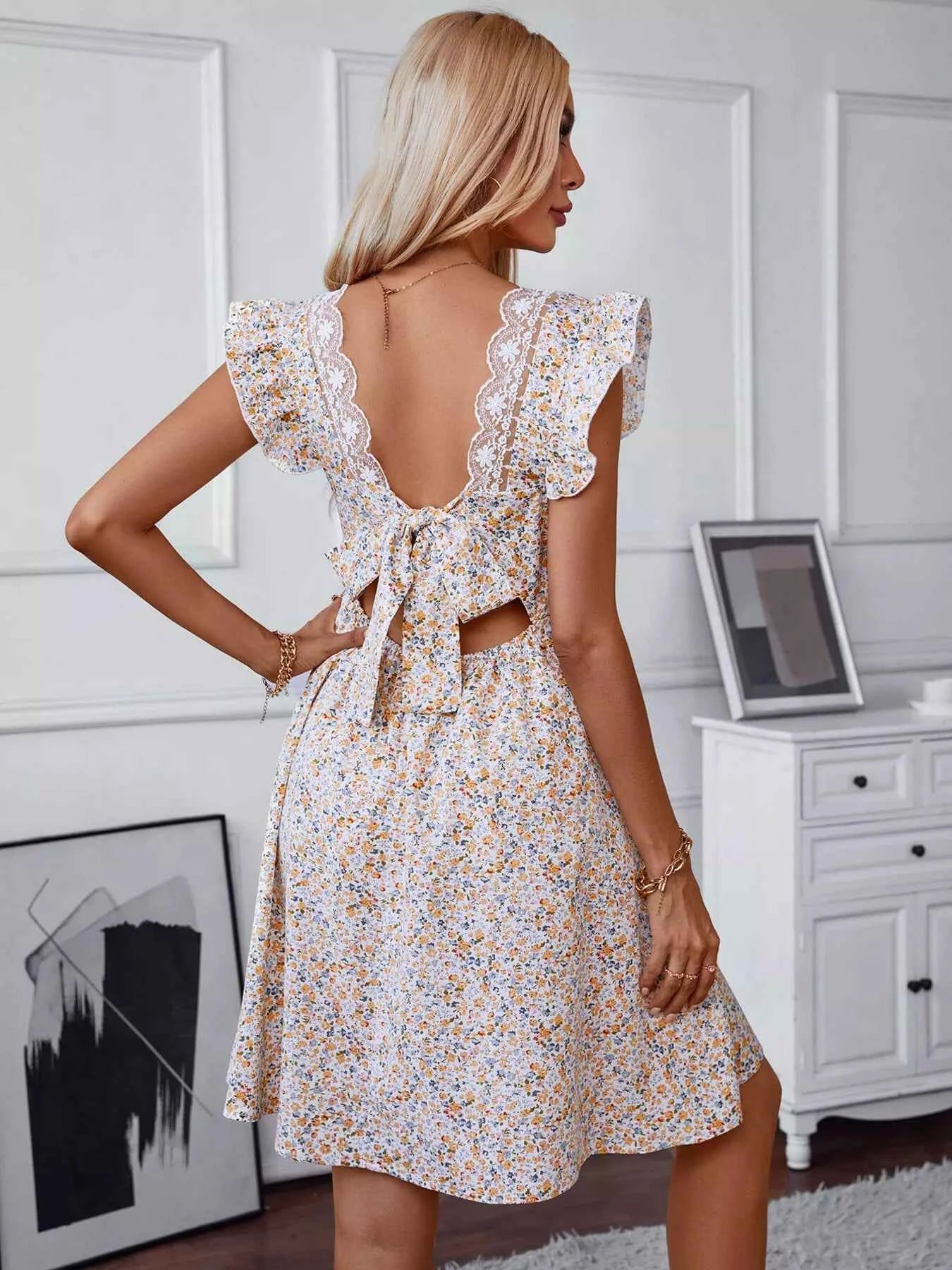 Floral Print Lace Trim Tie Back Mini Dress