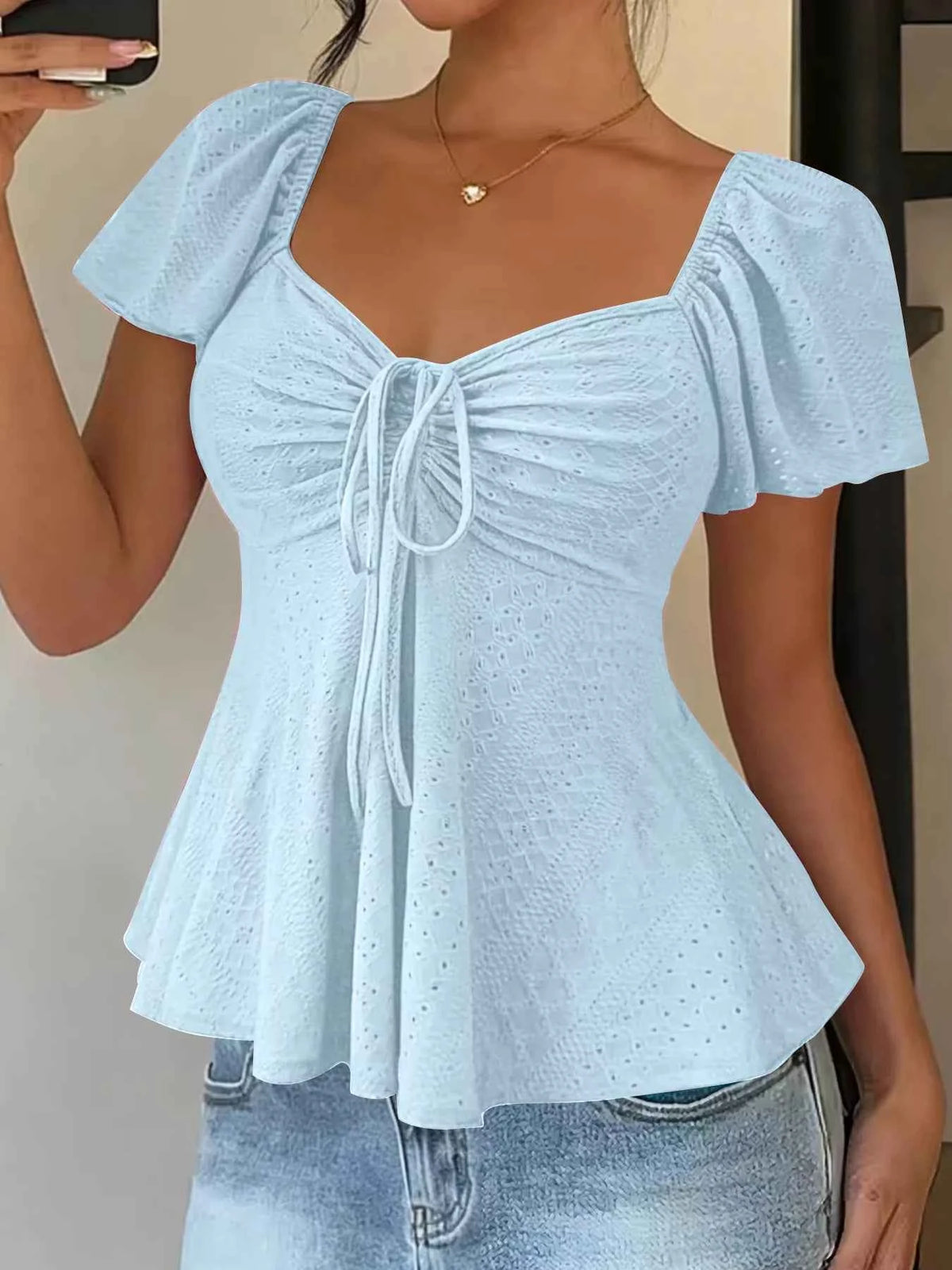 Sweetheart Neck Flutter Sleeve Top