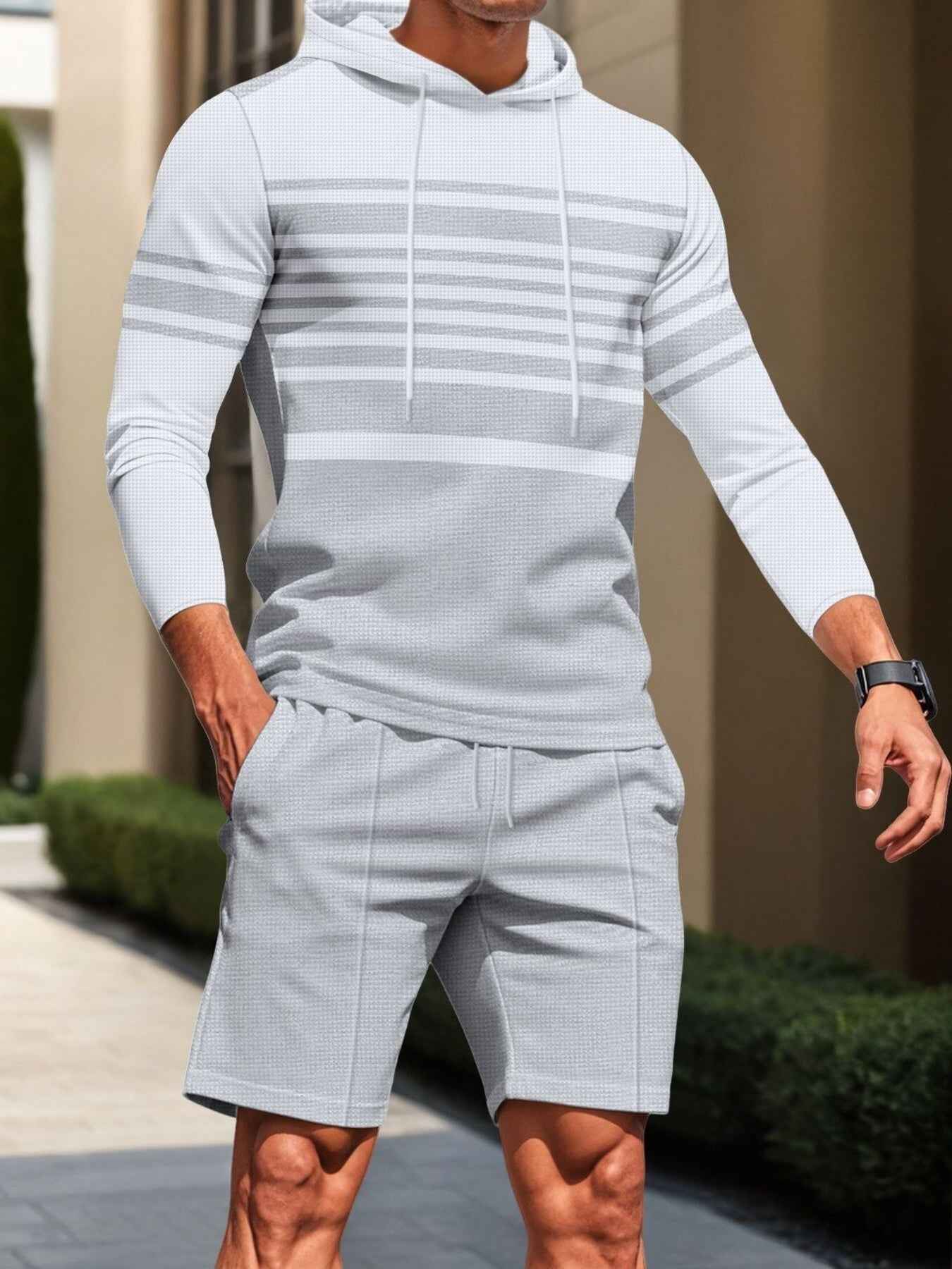 Men's Full Size Striped Hoodie & Shorts Casual Set Plus Size