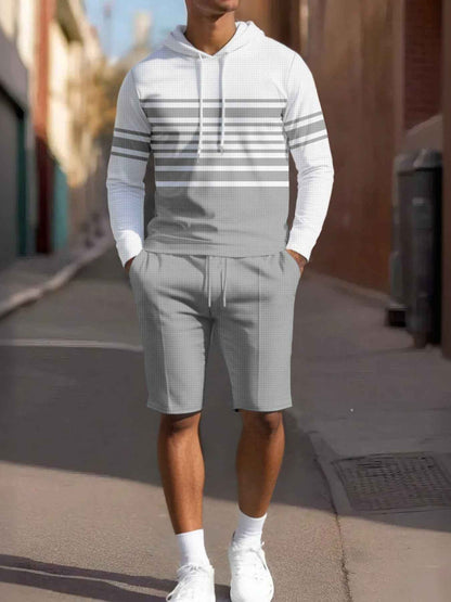 Men's Full Size Striped Hoodie & Shorts Casual Set Plus Size