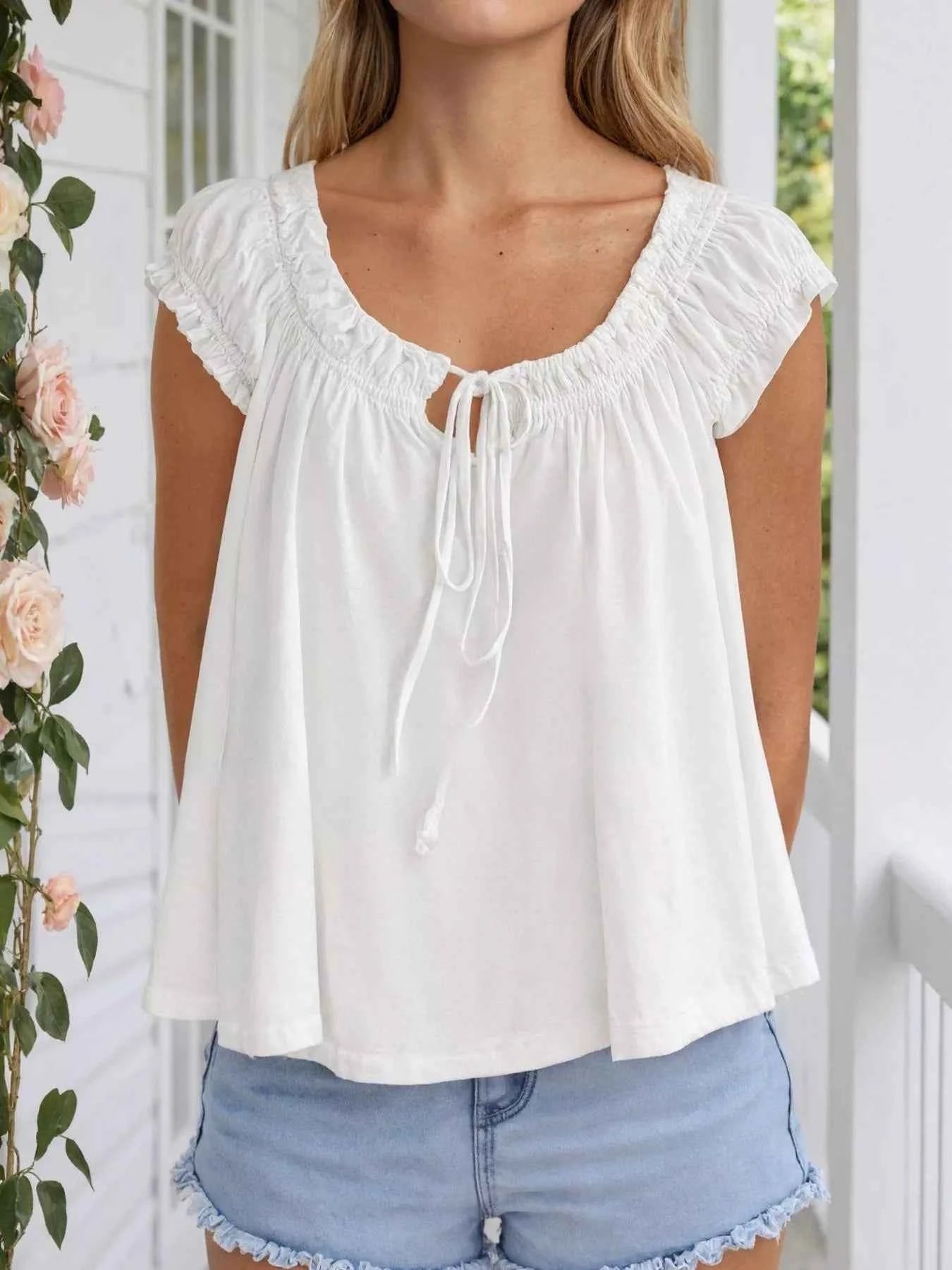 Tie Front Solid Color Blouse