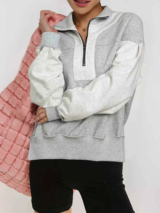 Half Zipper Collared Drop Shoulder Side Slits Sweatshirt
